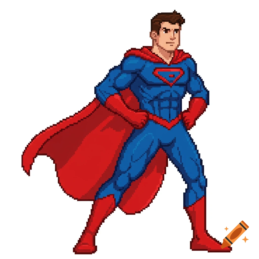 A pixel art superhero in a blue suit and red cape with an 'S' symbol on his chest stands with hands on hips.