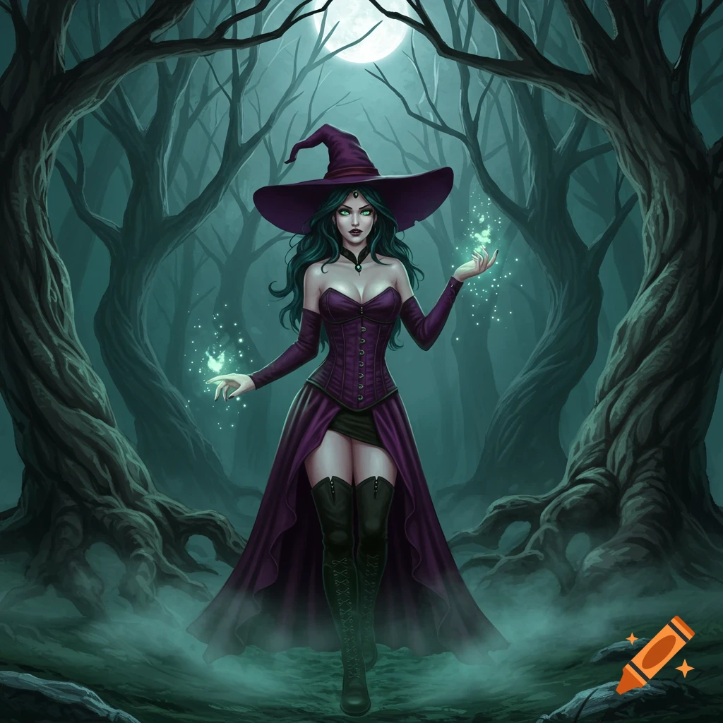 A witch in a purple corset and hat stands in a misty, spooky forest under a full moon, conjuring glowing magic.