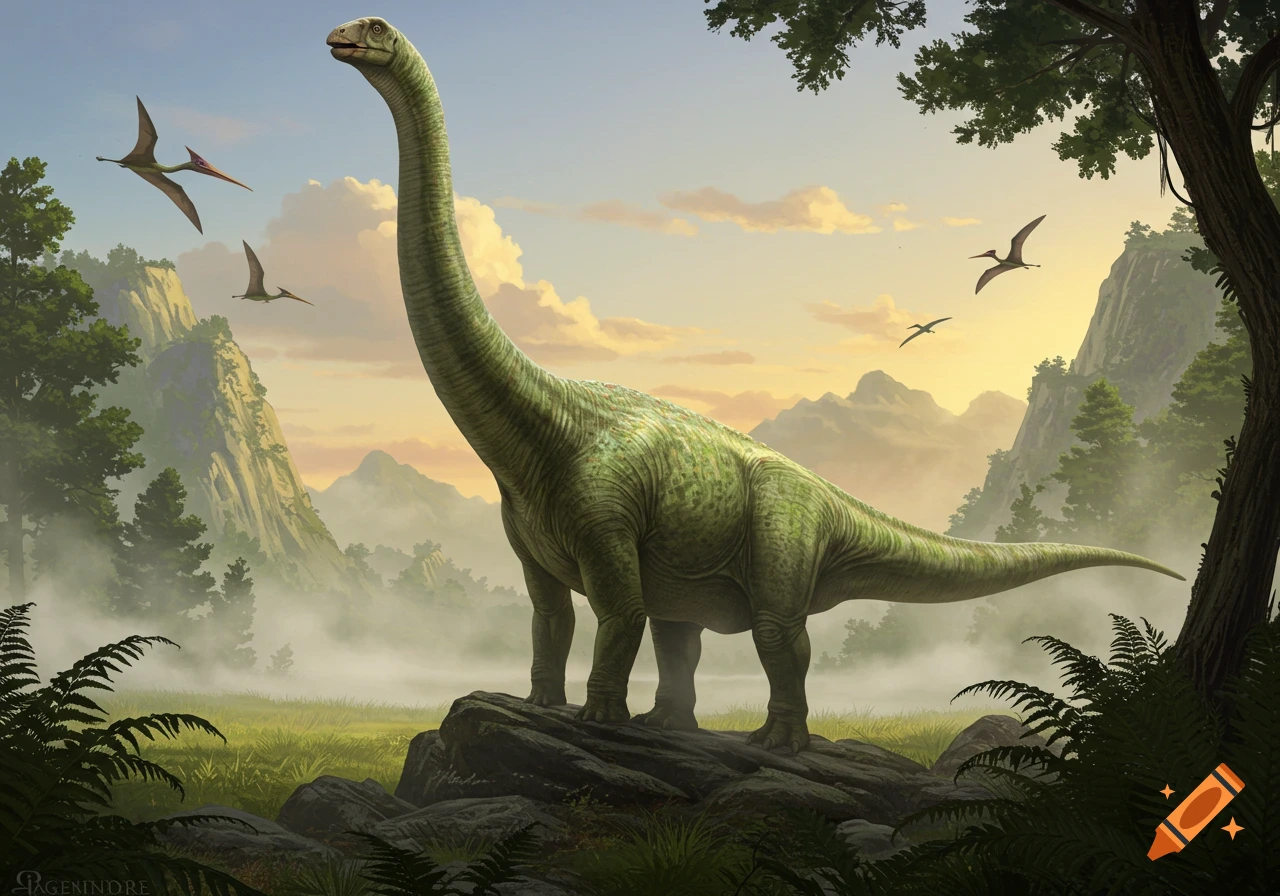 A large green long-necked dinosaur stands on rocks in a misty prehistoric landscape with pterodactyls flying and mountains.