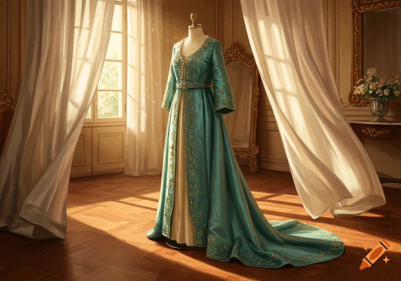 An elegant turquoise and gold gown on a mannequin in a sunlit room with sheer curtains and a wooden floor, photorealistic style.