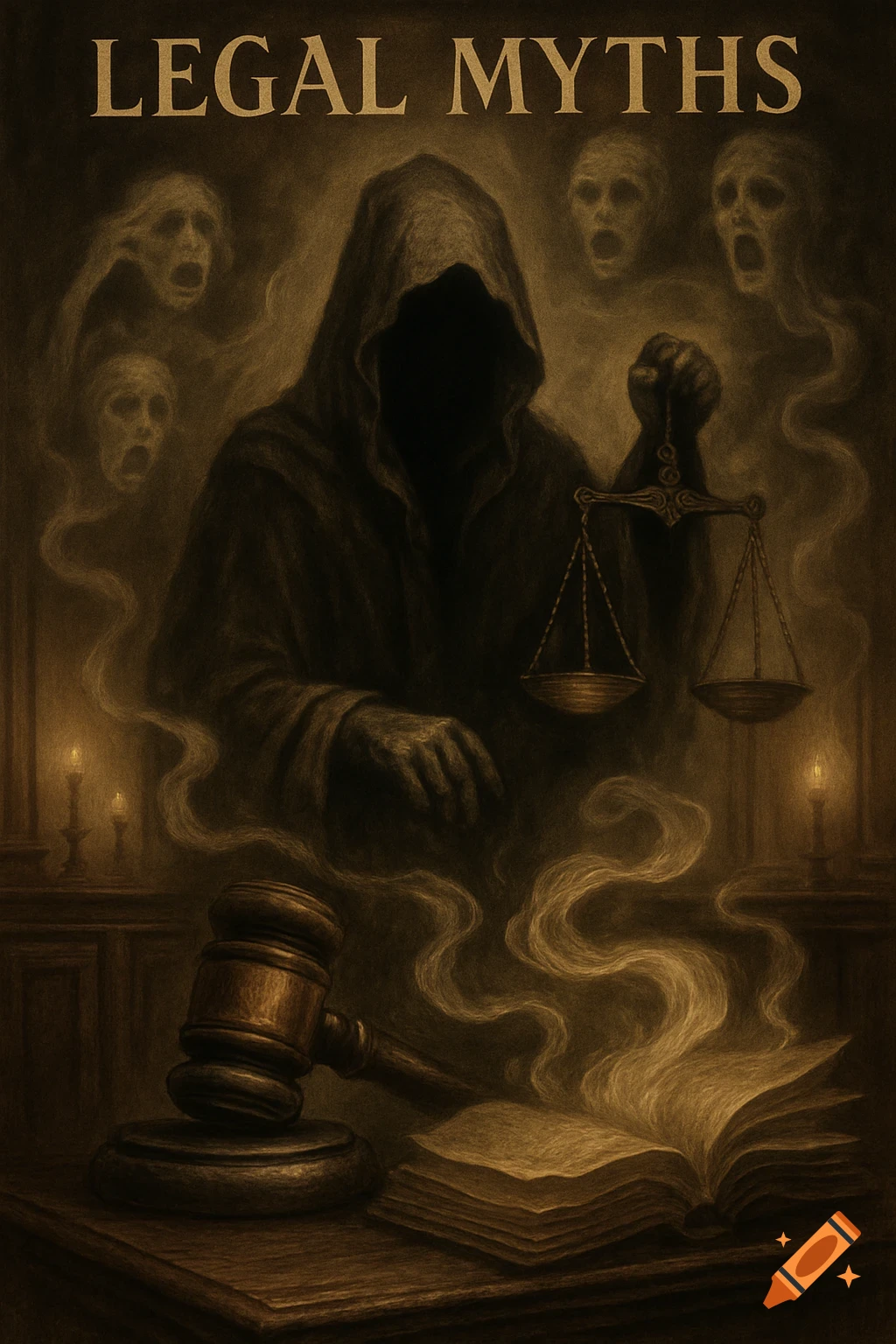 A dark, hooded figure holding scales of justice, surrounded by screaming ghosts, with a gavel and open book on a table under the text 'LEGAL MYTHS'.