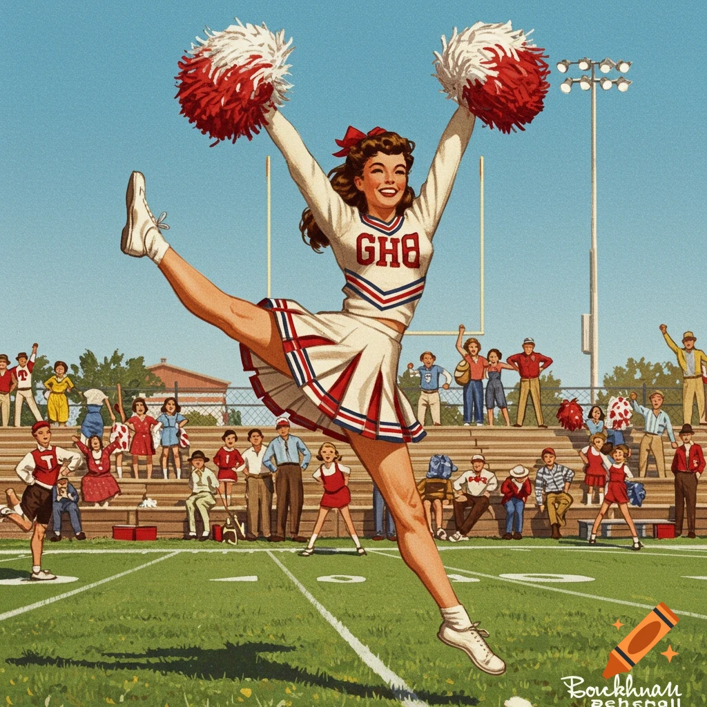 A smiling cheerleader in a white, red, and blue uniform with pom-poms jumps on a football field, depicted in a 1950s Norman Rockwell illustration style. Spectators watch from the stands.
