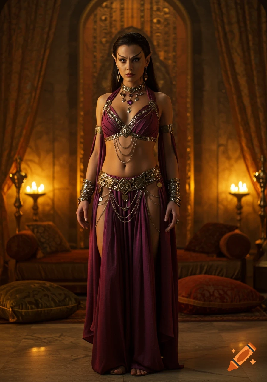 A woman with pointed ears in a purple and gold fantasy costume stands in an opulent, dimly lit room.