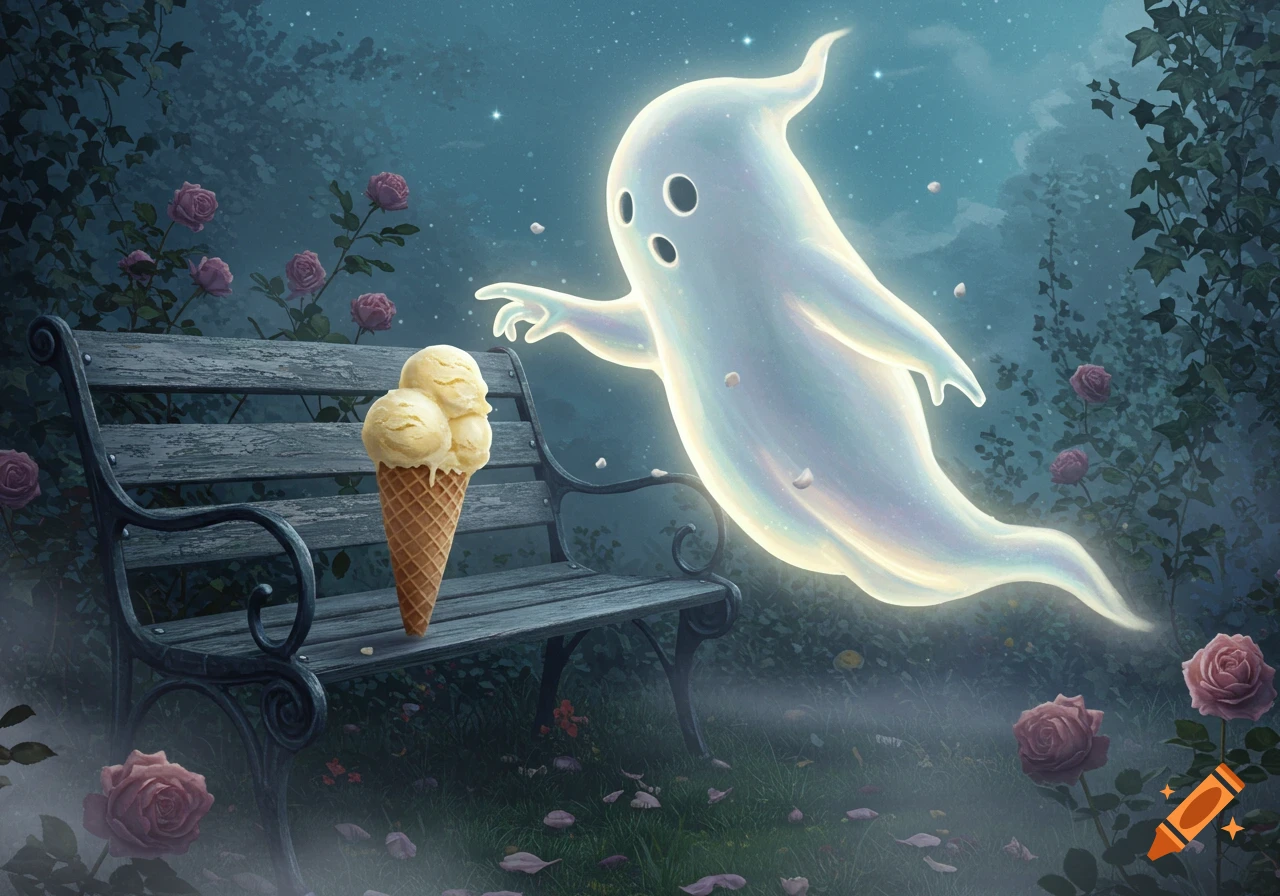A glowing, friendly ghost reaches for a three-scoop vanilla ice cream cone on a park bench in a moonlit rose garden.