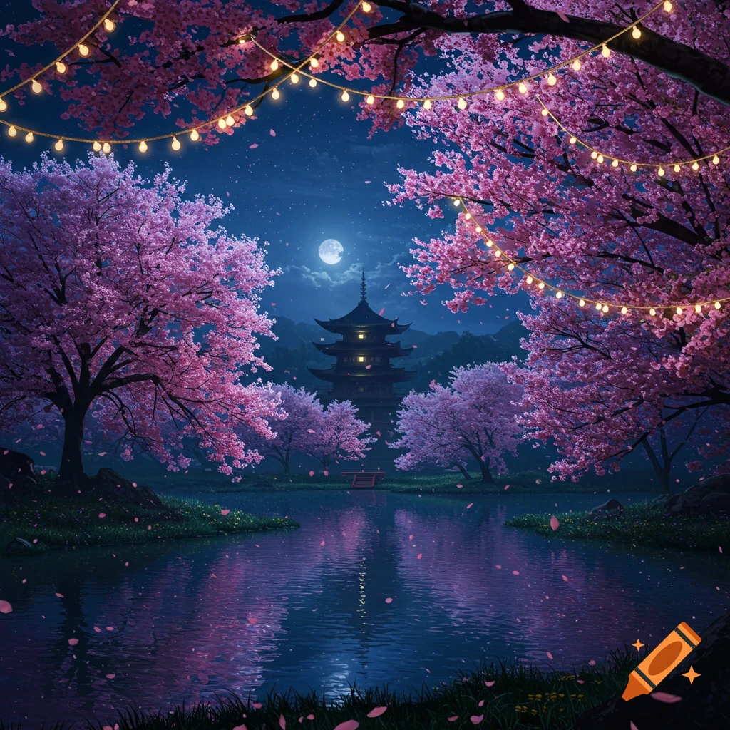 A luminous full moon over a traditional Japanese temple reflected in a calm lake, surrounded by pink cherry blossom trees adorned with string lights at night.