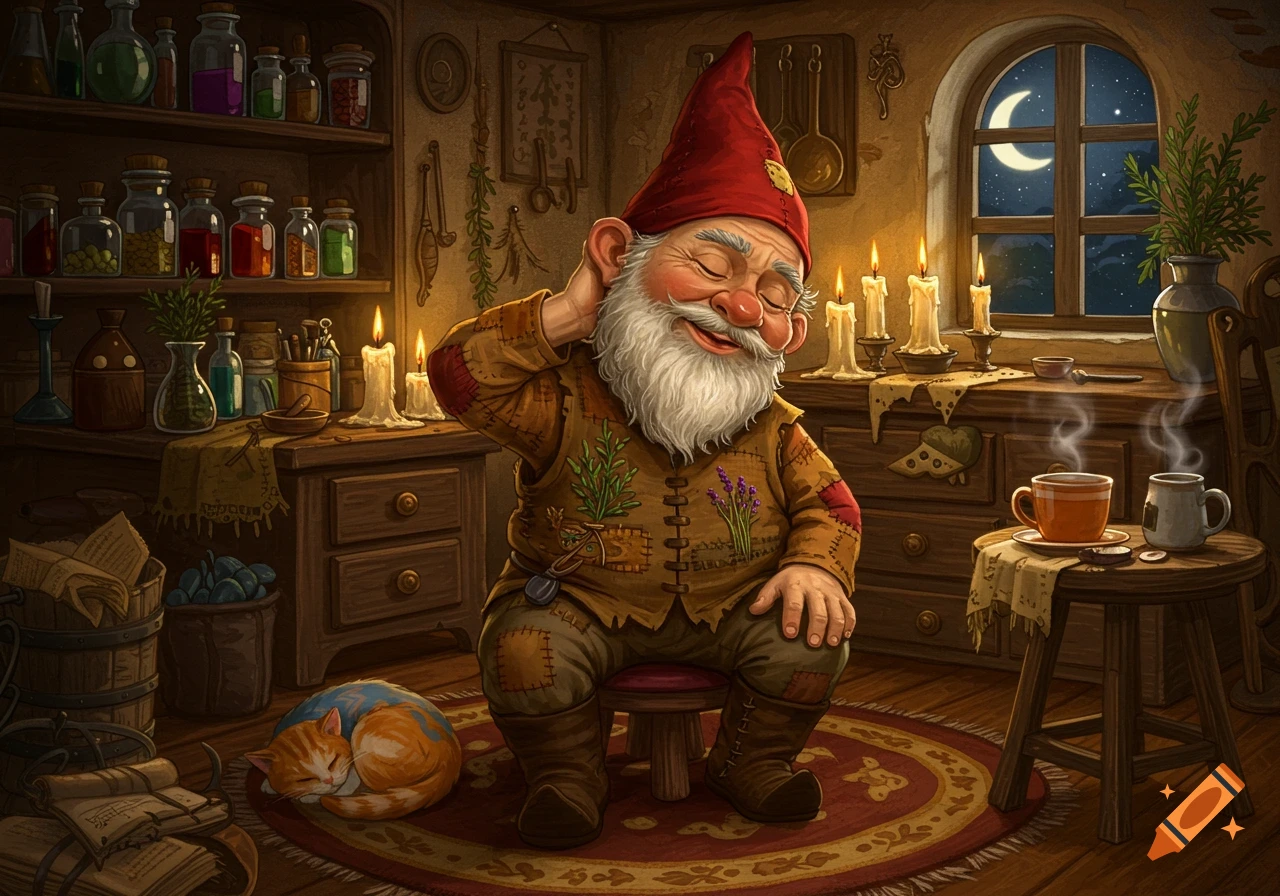 A smiling gnome with a red hat sits in a cozy candlelit room, scratching his neck, with a sleeping cat nearby.