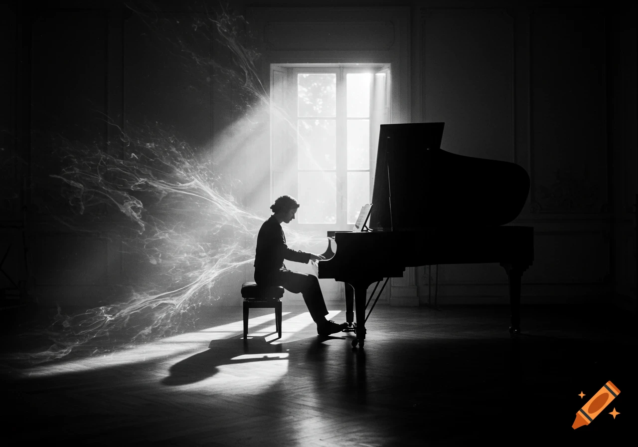 A dramatic monochrome shot of a silhouetted person playing a grand piano bathed in bright light from a large window. Swirling light patterns emanate from the left.