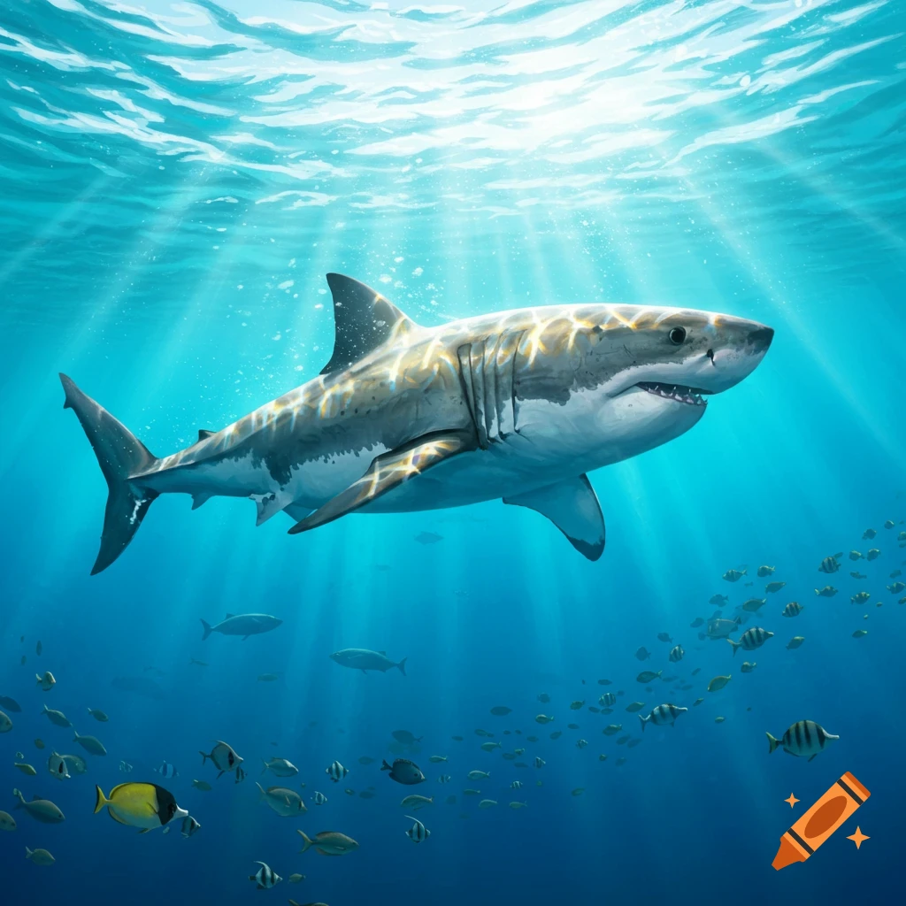 A large great white shark swims through sunlit blue ocean water surrounded by schools of small fish.