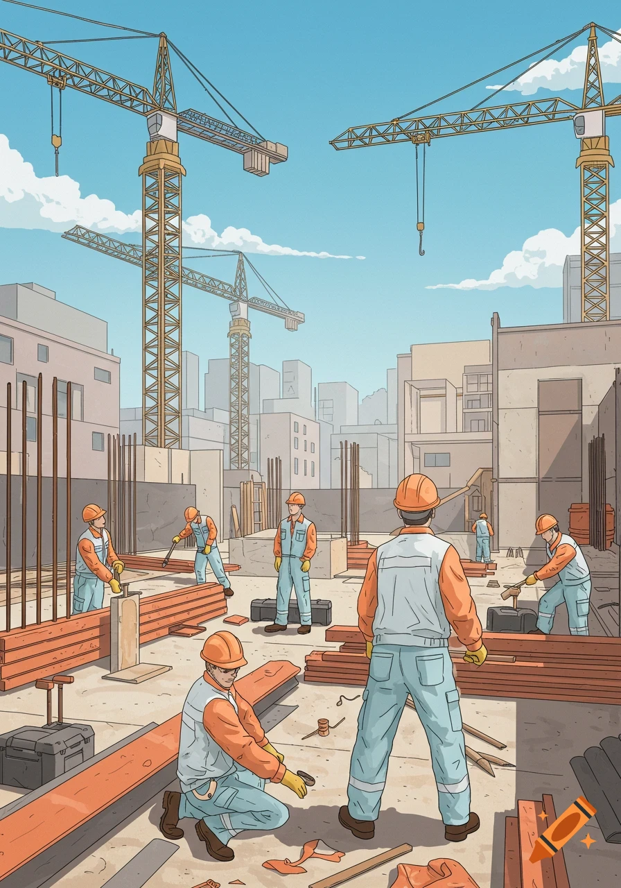 Illustration of a construction site with multiple workers in hard hats and vests, large cranes, and buildings under a blue sky.
