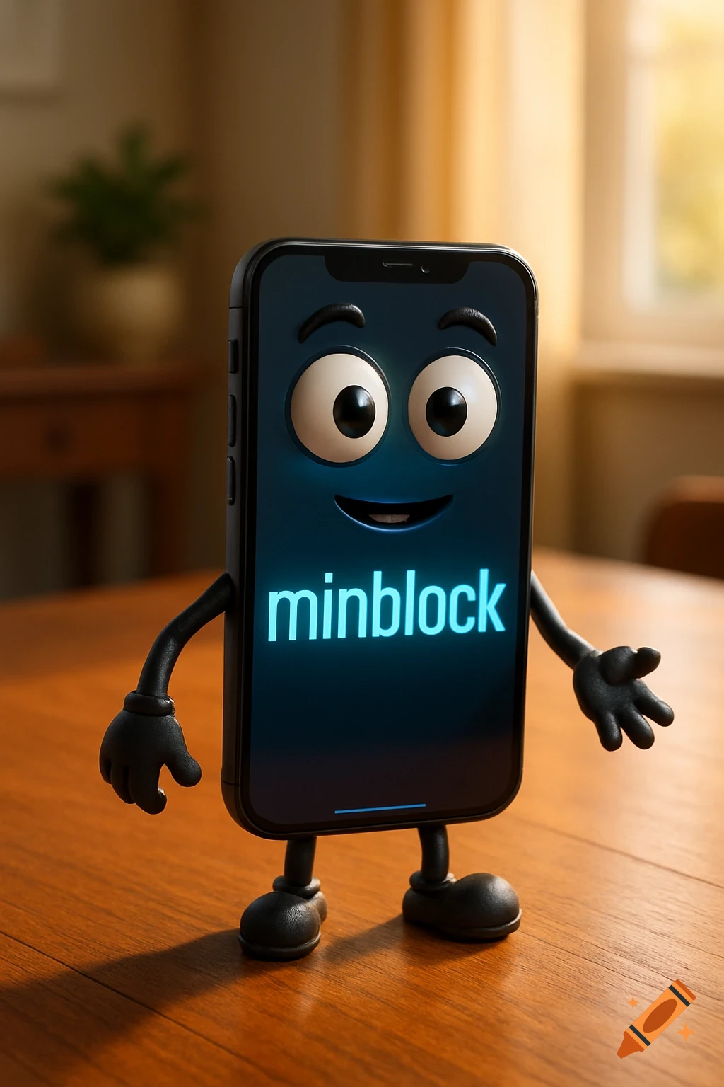 A cartoon smartphone character with eyes, arms, and legs stands on a wooden table. The phone screen shows 'minblock'.