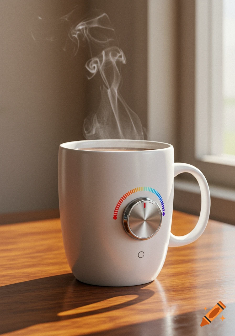 A white coffee mug with a silver temperature control knob and a colorful red-to-blue indicator sits on a wooden table, steaming.