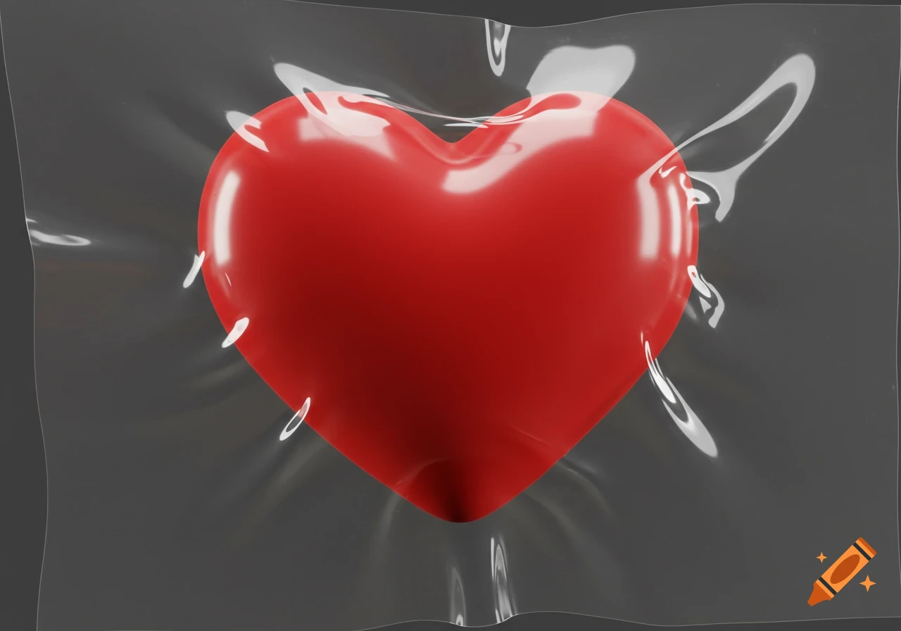 A shiny red 3D heart pushes against a transparent plastic sheet, creating wrinkles and reflections, in a soft studio light.