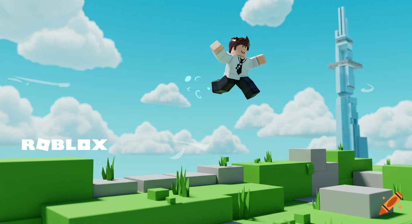 A Roblox character jumps over green and grey blocks in a blocky landscape, with clouds, a blue sky, and a tall tower.