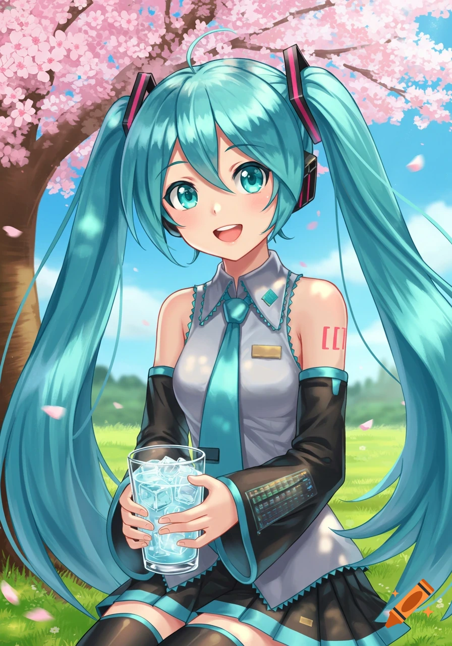 Hatsune Miku in anime style, smiling and holding a glass of ice water under a cherry blossom tree.