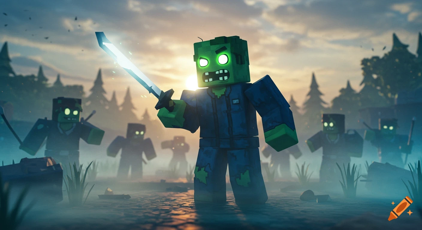 Blocky zombie character holding a glowing sword, standing among other zombies in a misty forest at sunset, in a video game style.