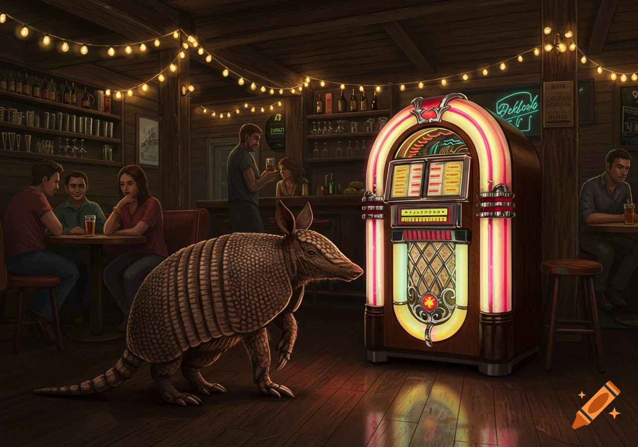 An armadillo walks on the wooden floor of a dimly lit bar, with a vintage jukebox, string lights, and people sitting at tables.