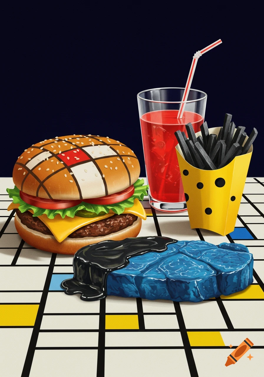 A surreal still life of a fast food meal. A hamburger with a Mondrian-patterned bun, black fries in a yellow container, a red drink, and a blue steak with black cheese on a Mondrian-patterned table.