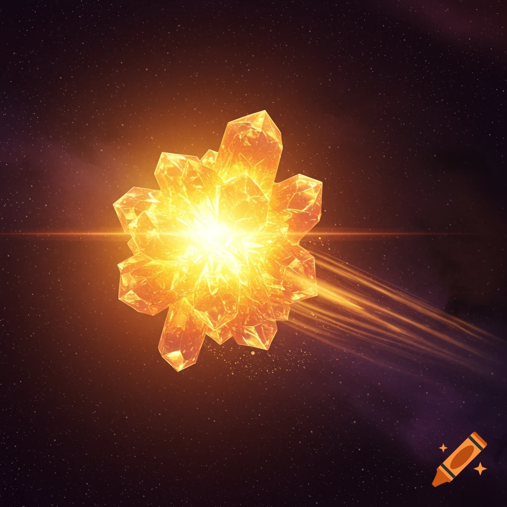 A glowing, multifaceted orange-yellow crystal cluster emits bright light and light trails against a dark, starry space background with a subtle purple nebula.