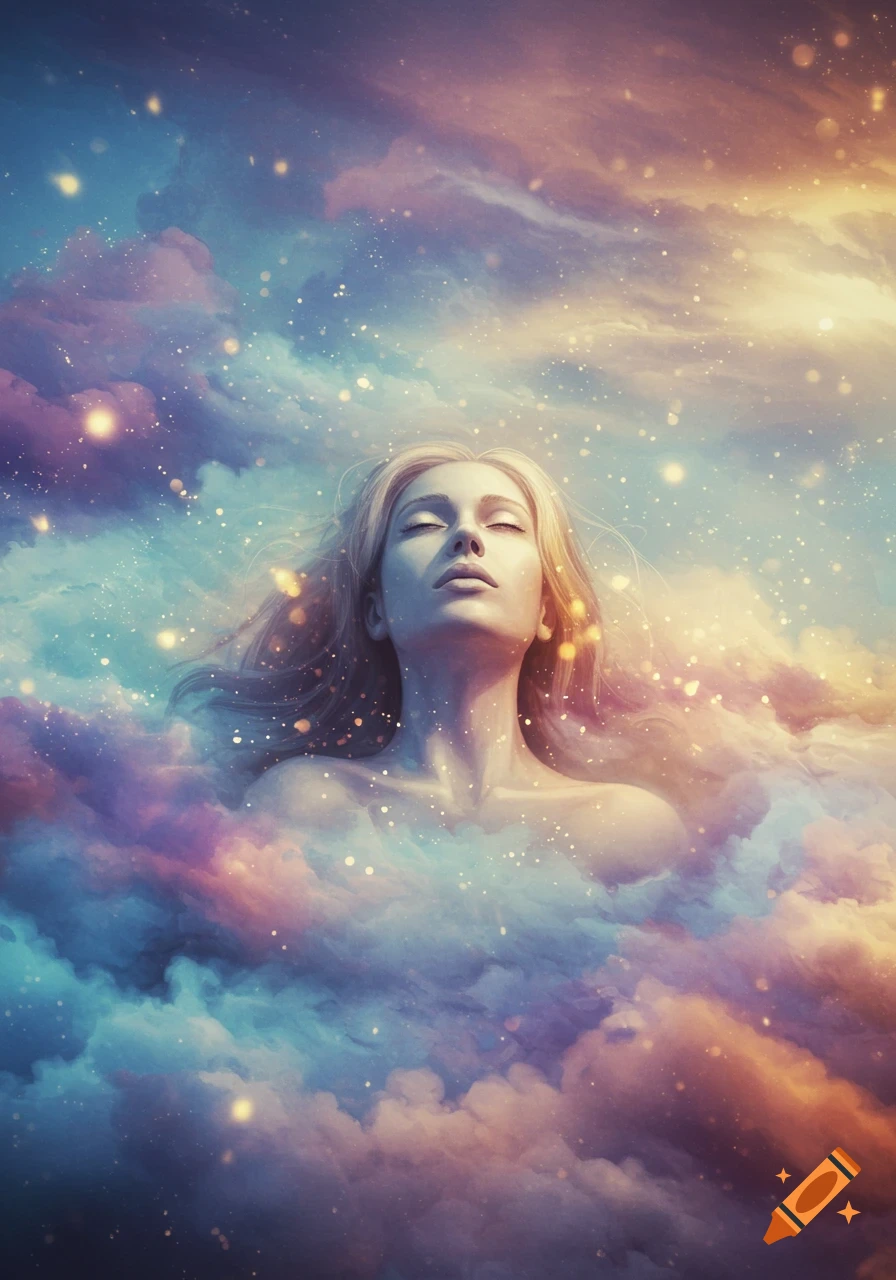 A woman with blonde hair, eyes closed, floating serenely amidst vibrant, ethereal clouds and sparkling lights.