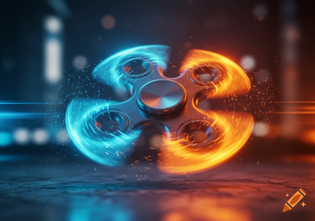 A metallic fidget spinner rotates rapidly, glowing blue on one side and orange on the other, against a dark, blurred background.