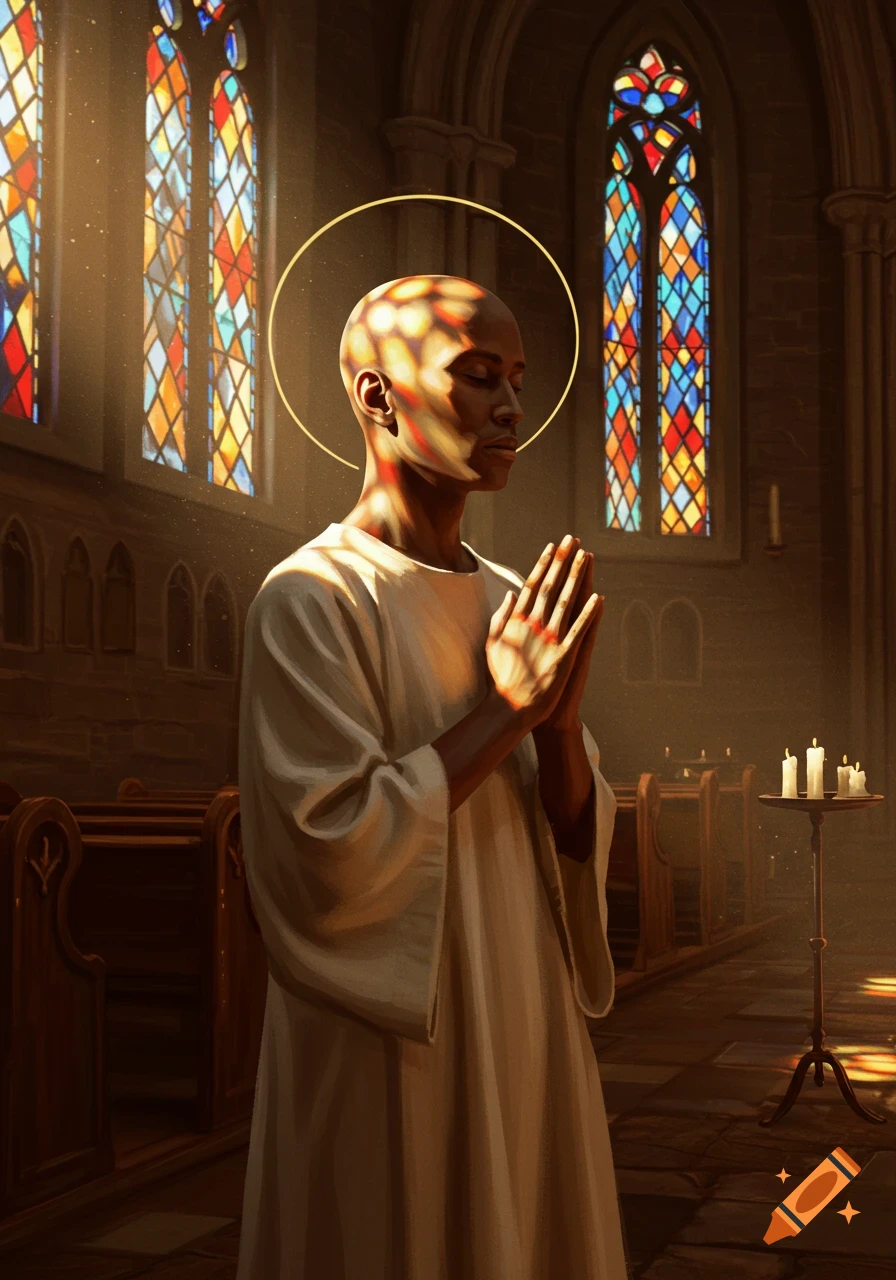 A bald person with a halo prays in a church with stained glass windows, light streaming in.