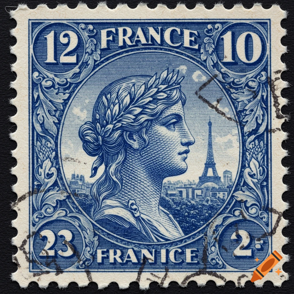 A blue French postage stamp featuring a woman in profile wearing a laurel wreath, with the Eiffel Tower in the background, in an engraved style.