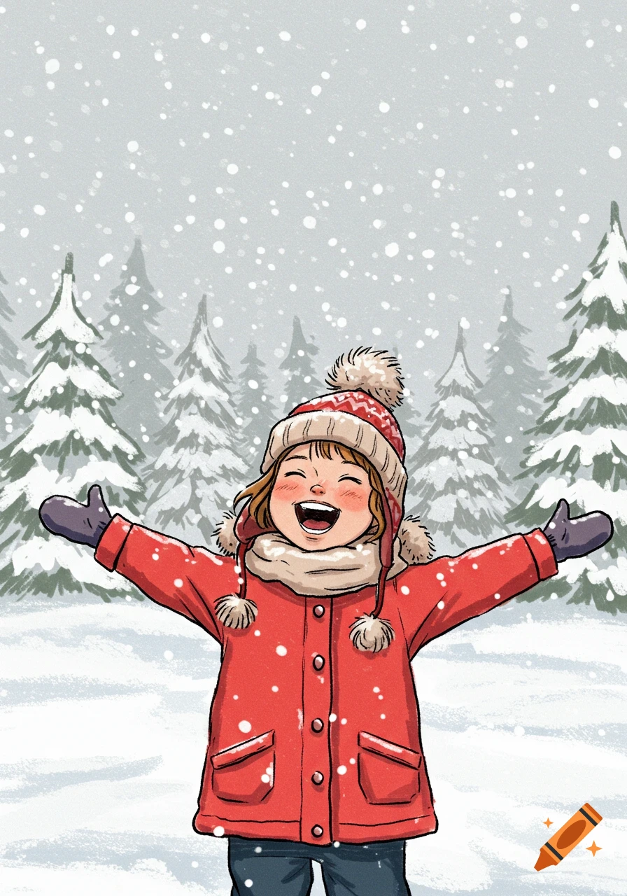 A happy child in a red winter coat and hat with outstretched arms plays in a snowy forest.