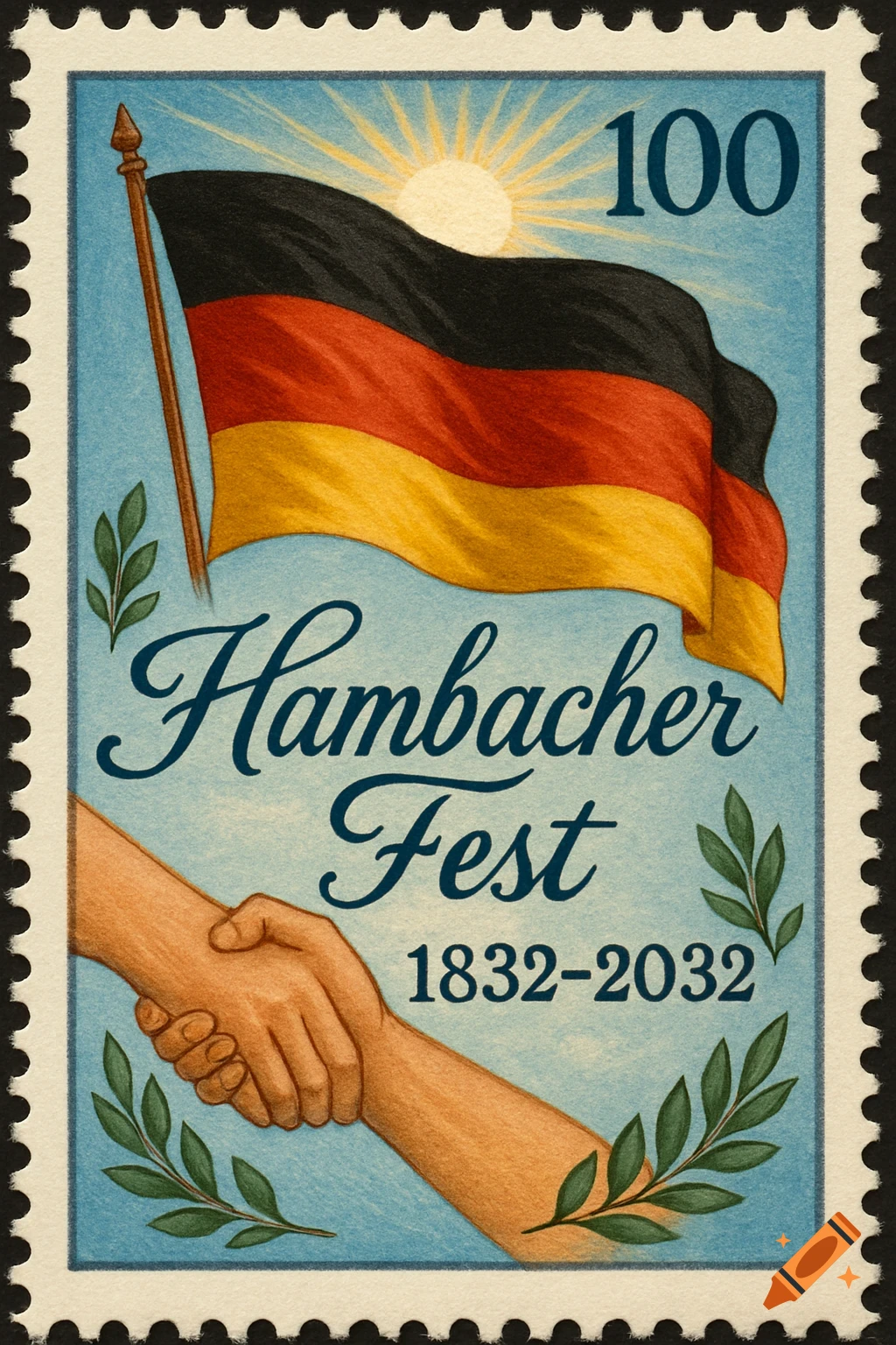 Illustrative postage stamp featuring a German flag, a handshake, olive branches, and the text 'Hambacher Fest 1832-2032 100'.