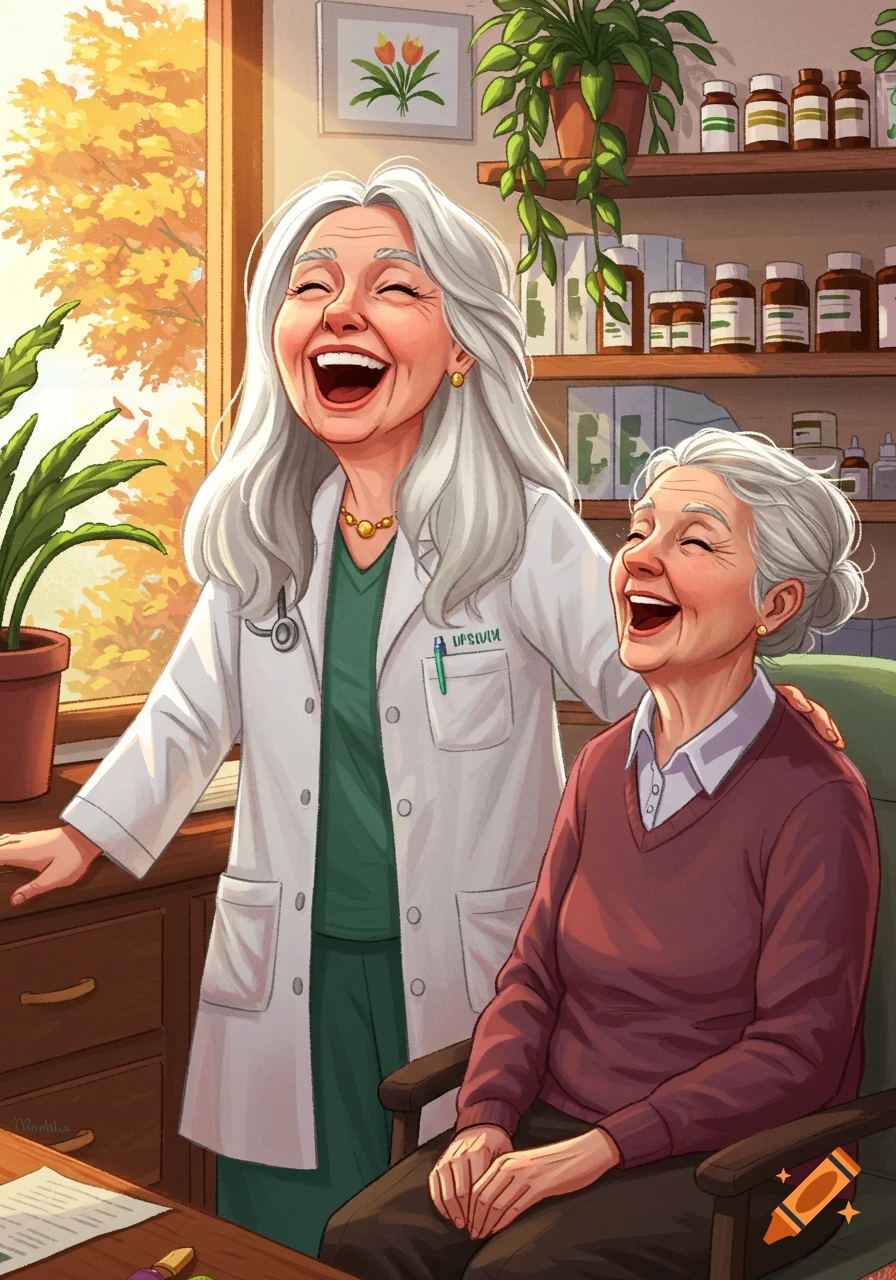 Two elderly women, a doctor with a stethoscope and a patient, laugh heartily in a bright, illustrated doctor's office with plants and medicine bottles.