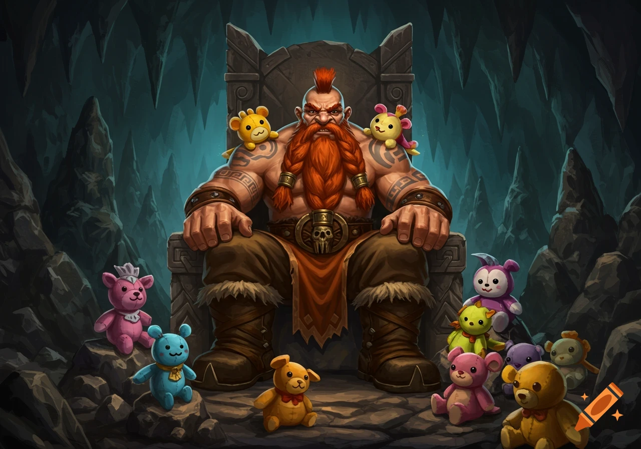 A burly dwarven barbarian with a red mohawk and braided beard sits on a stone throne, surrounded by colorful stuffed animals in a dark cave.