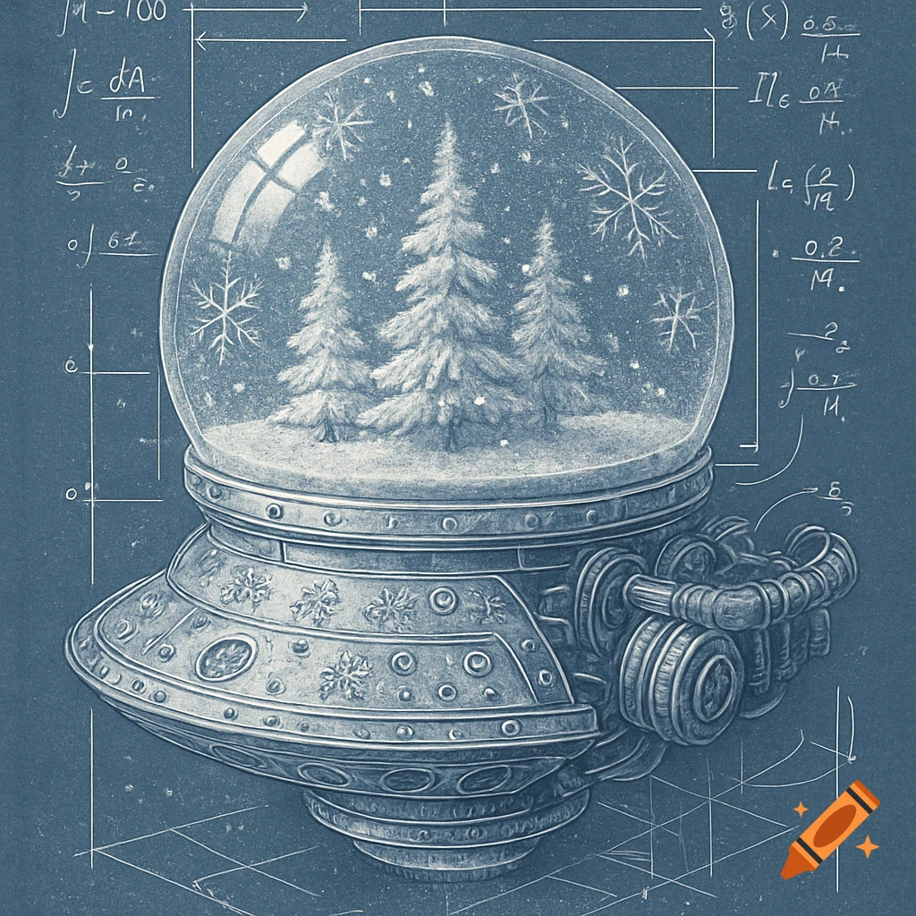 A detailed blueprint of a UFO-shaped snowglobe containing pine trees and snowflakes, against a blue background with technical drawings.