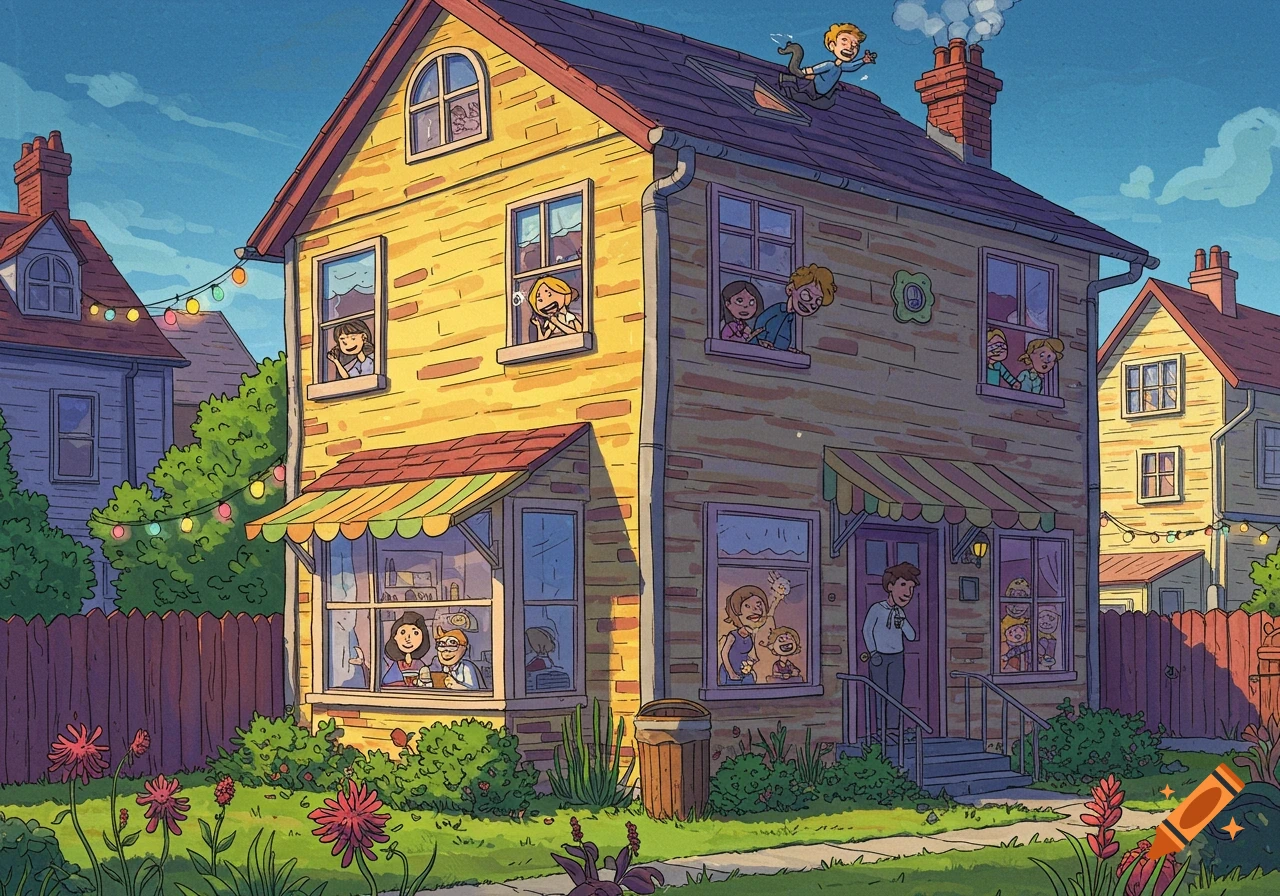 Cartoon illustration of a vibrant yellow house with many people looking out windows and a child on the roof, set in a sunny neighborhood.