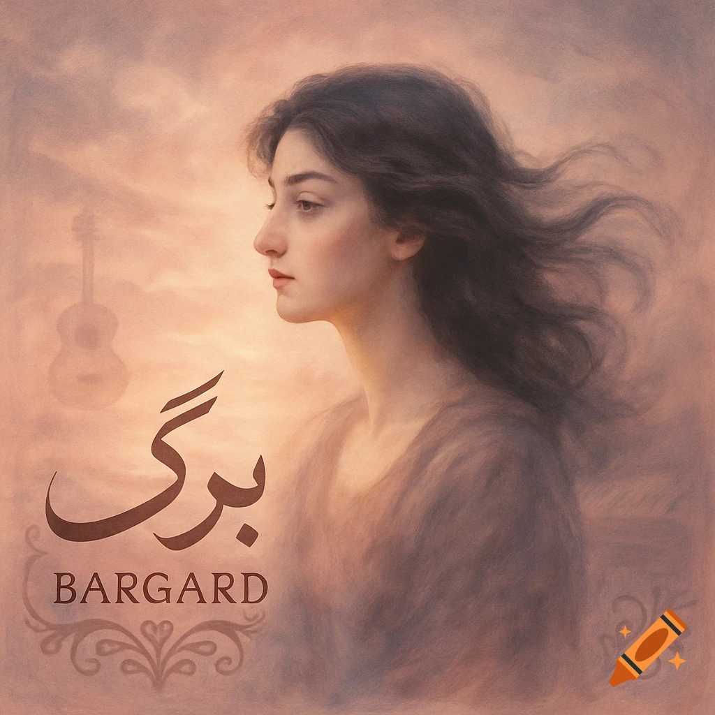 Artistic portrait of a woman in profile with flowing hair, text 'Bargard', and a faint guitar in a soft pink sky.