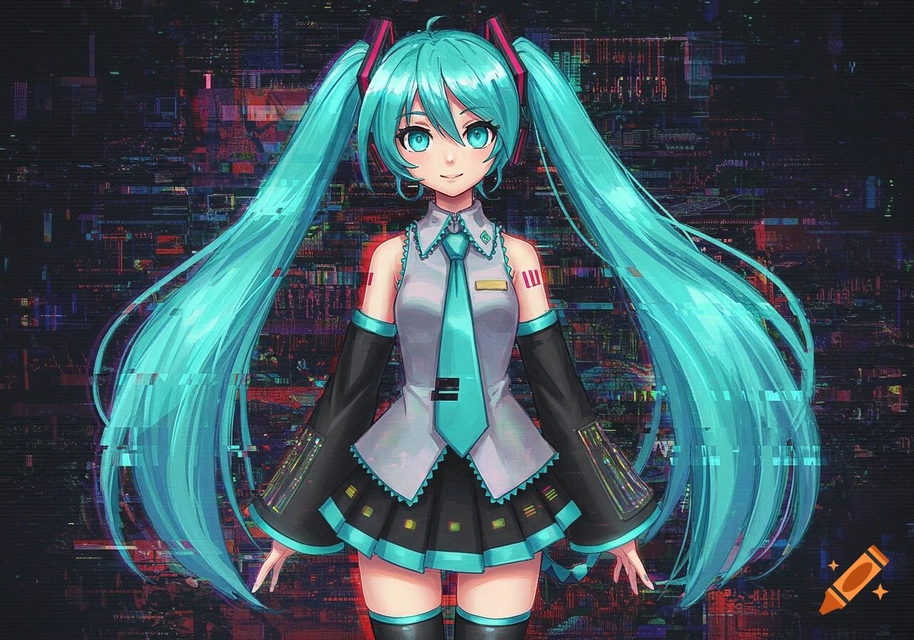 Hatsune Miku in her signature outfit with long aqua pigtails, against a dark, distorted, glitch art background.