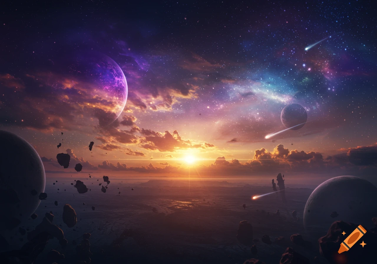 A vibrant cosmic landscape featuring a purple gas giant, smaller ...