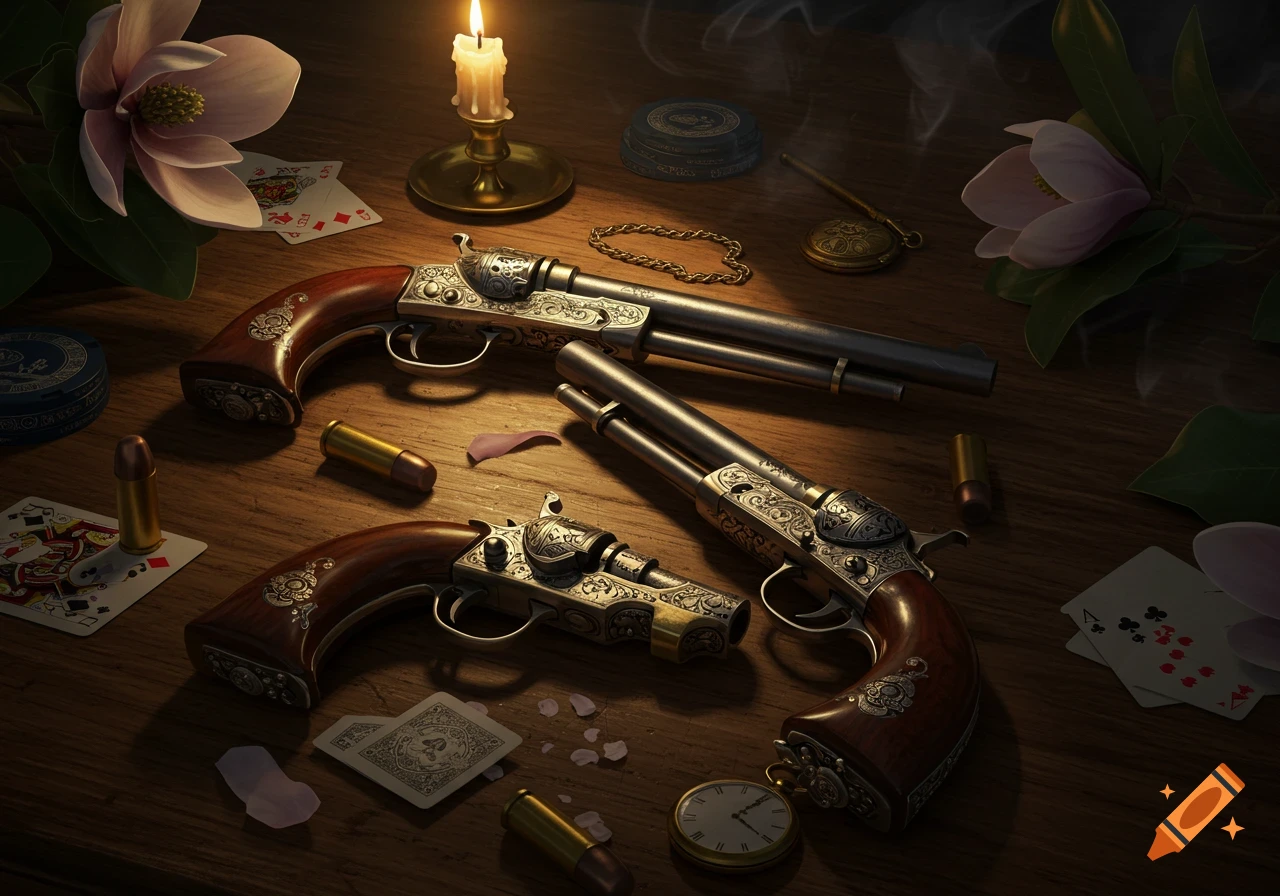A dramatic still life of three ornate antique pistols, bullets, playing cards, a burning candle, flowers, and a pocket watch on a wooden table.