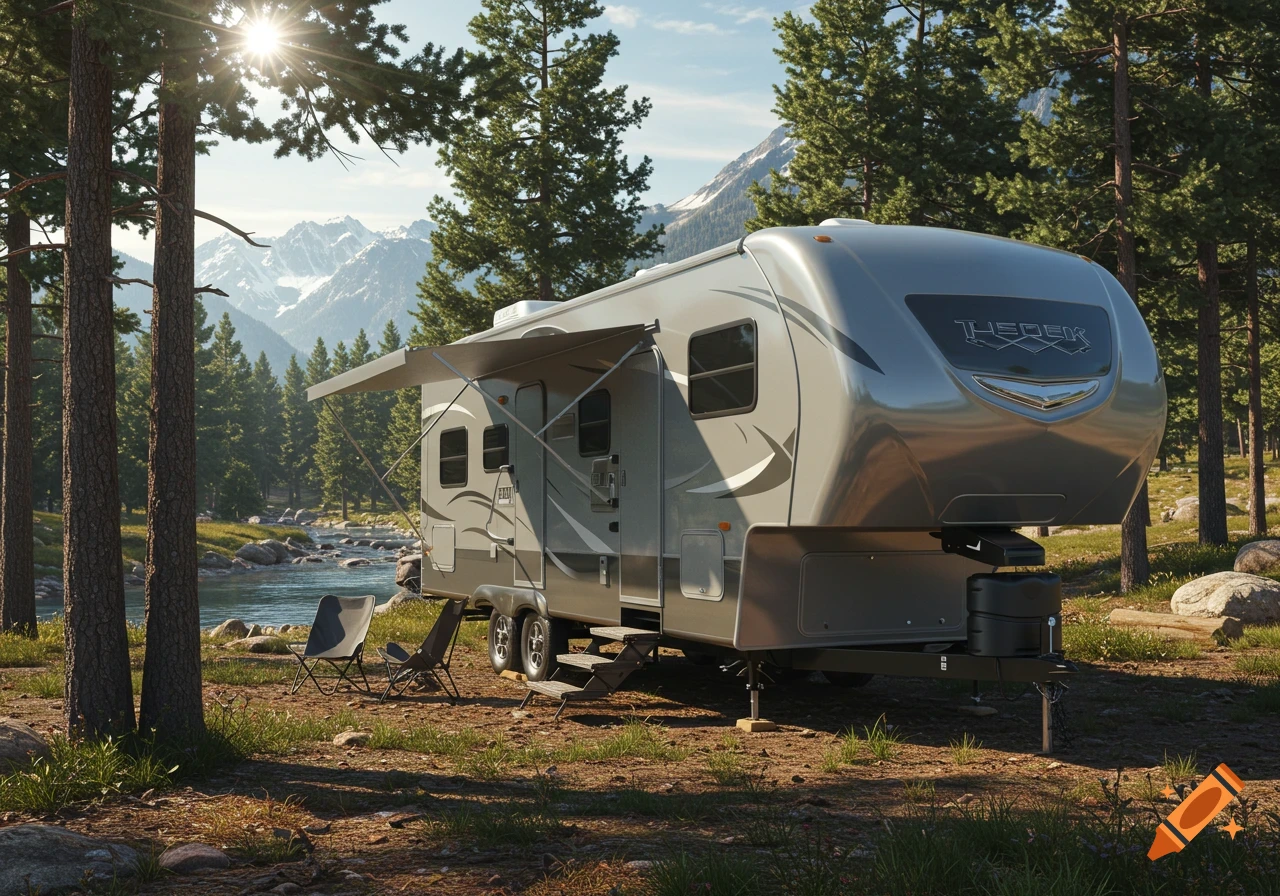 Photorealistic image of a grey 5th wheel camper parked by a river in a pine forest, with mountains in the background.