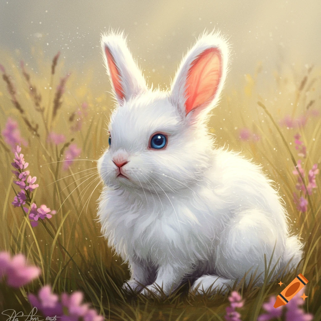 A cute white rabbit with blue eyes sits in a field of purple flowers ...