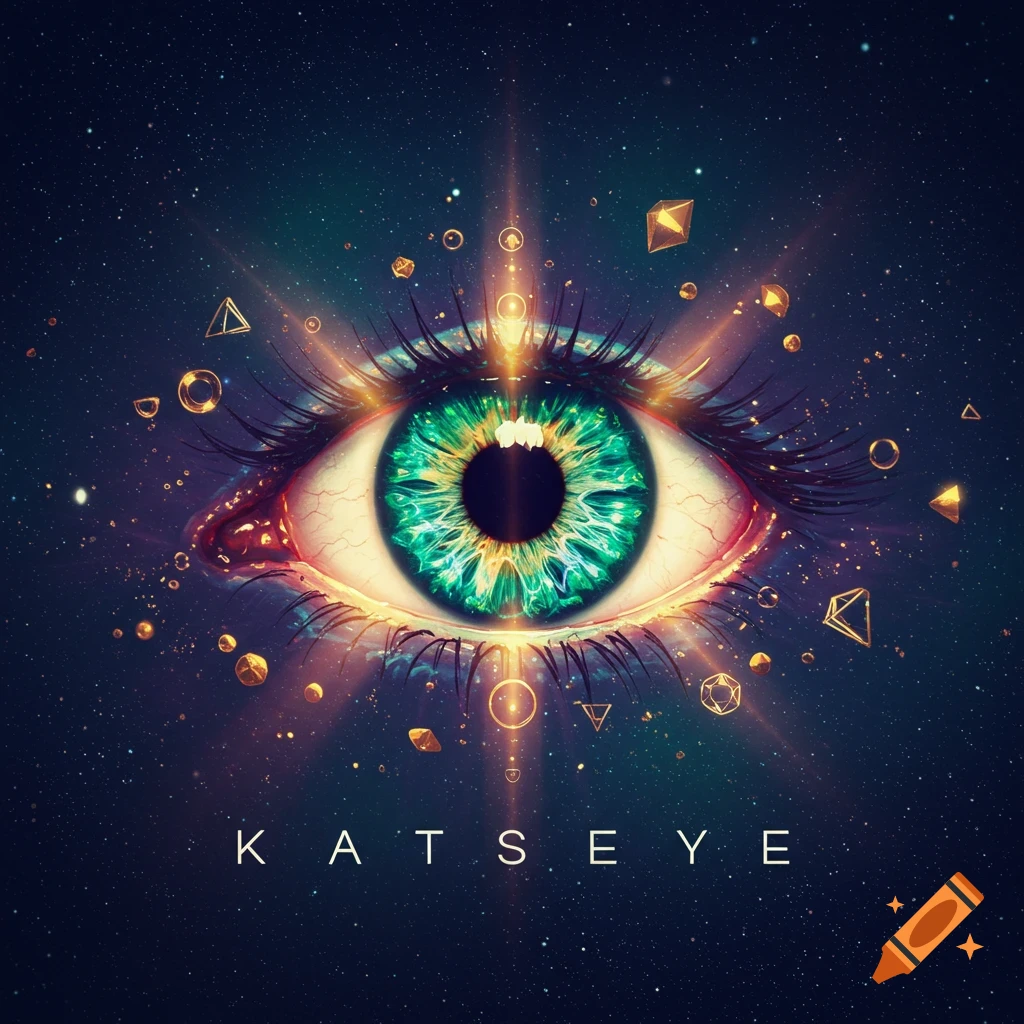 Vibrant green eye surrounded by golden light rays and geometric shapes against a starry cosmic background, with the text 'KATSEYE' below.