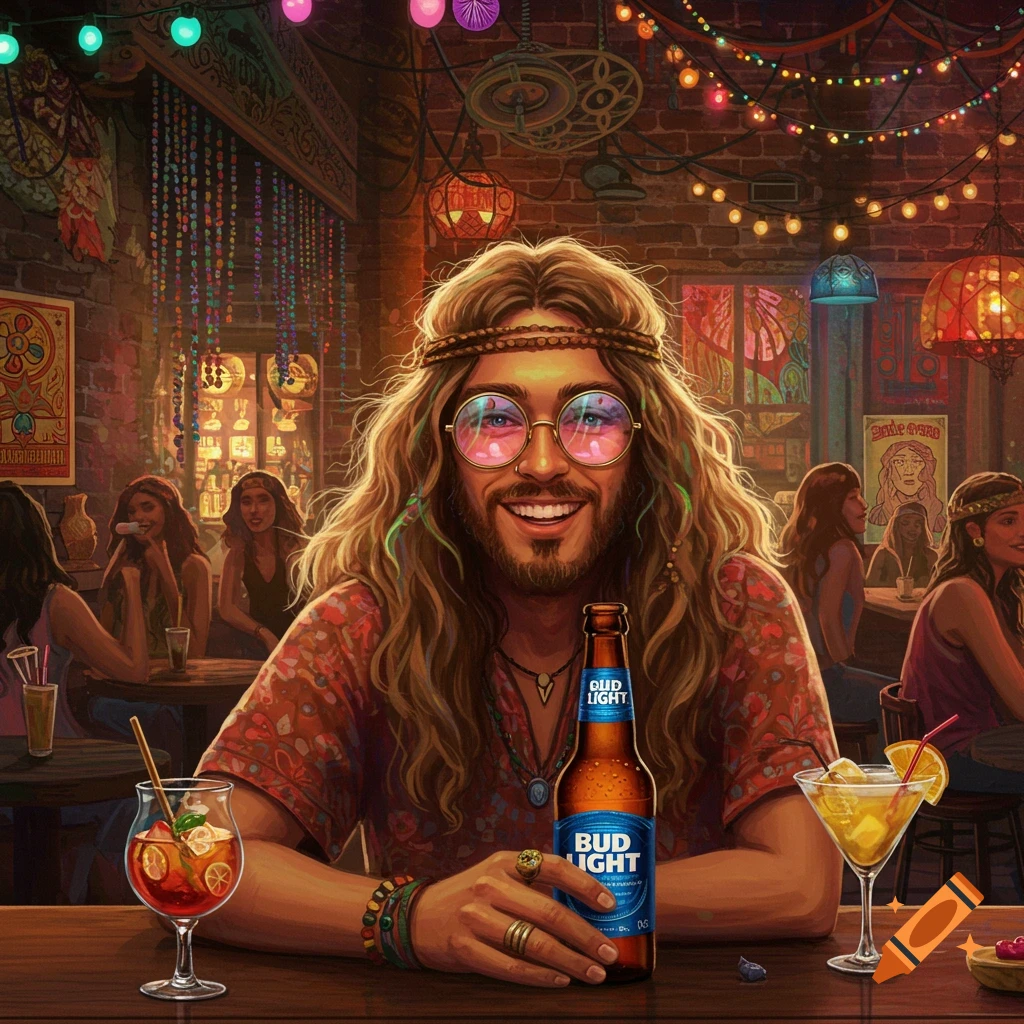 A man with long hair, round glasses, and a headband smiles, holding a Bud Light bottle at a festive, dimly lit bar.