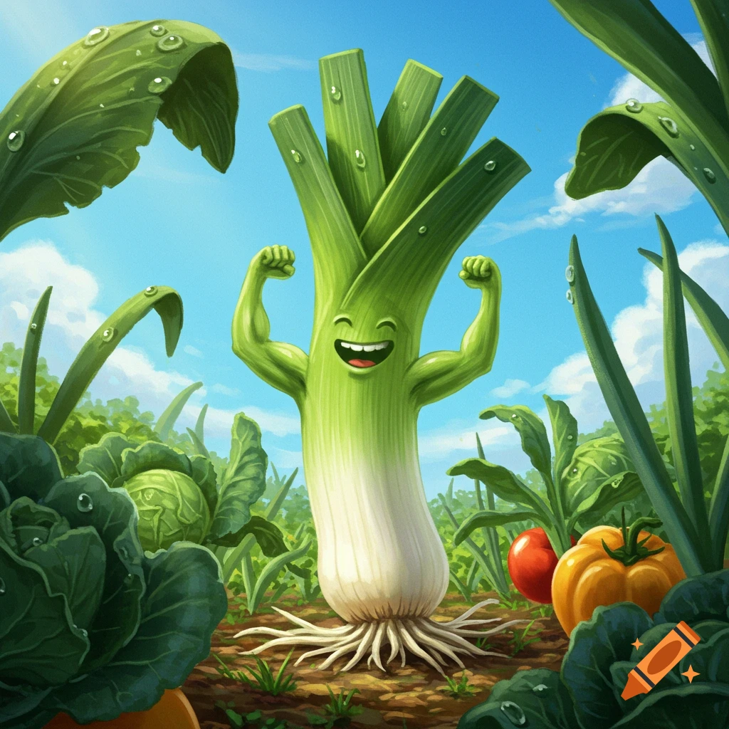 A happy, muscular cartoon leek flexing its biceps in a vibrant garden, surrounded by other vegetables and dewdrops.