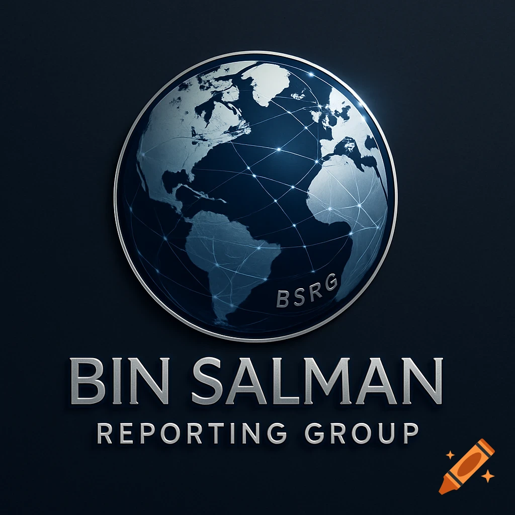 A metallic blue and silver logo featuring a globe with a network overlay and the text "BIN SALMAN REPORTING GROUP" below it. "BSRG" is subtly visible on the globe.