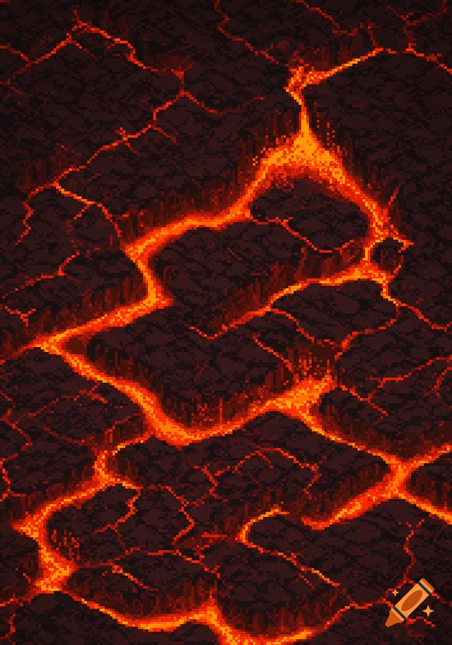 Pixel art background featuring bright orange and red lava flowing through dark, cracked earth, in an 8-bit style.