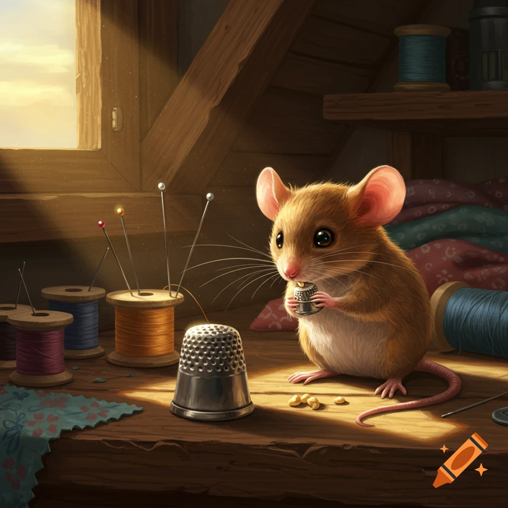 A cute brown mouse holds a thimble on a wooden sewing table next to spools of thread and pins, bathed in sunlight from a window.