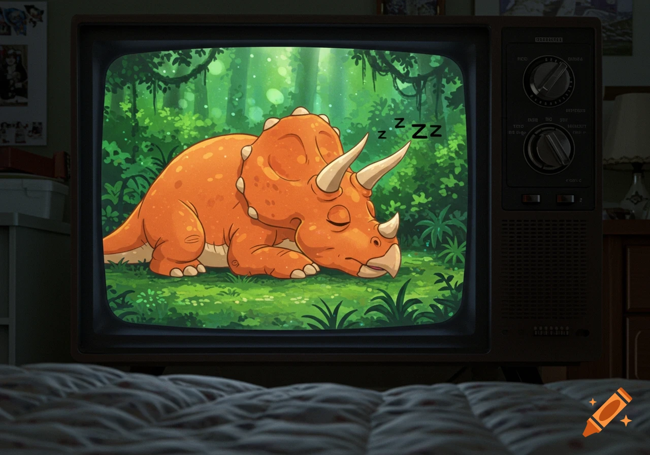 A cartoon orange triceratops with "Zzz" above its head is sleeping peacefully in a jungle on an old CRT TV screen, viewed from a dark bedroom.