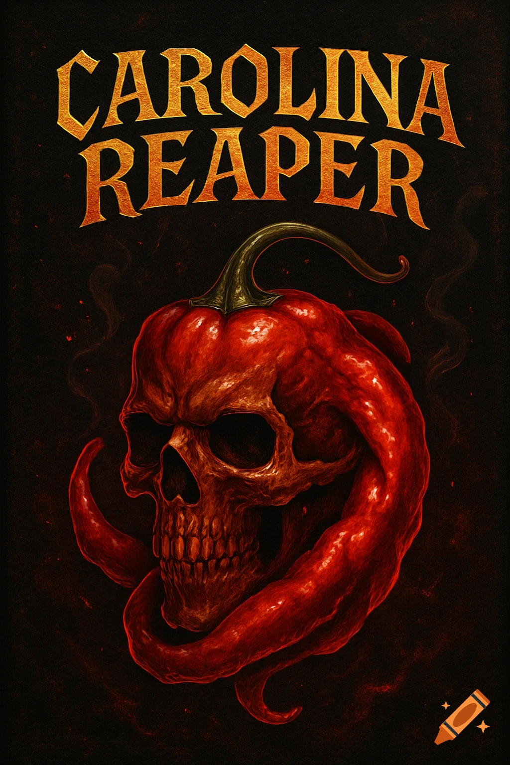 Stylized red Carolina Reaper chili pepper shaped like a skull with "CAROLINA REAPER" text above, on a dark background.