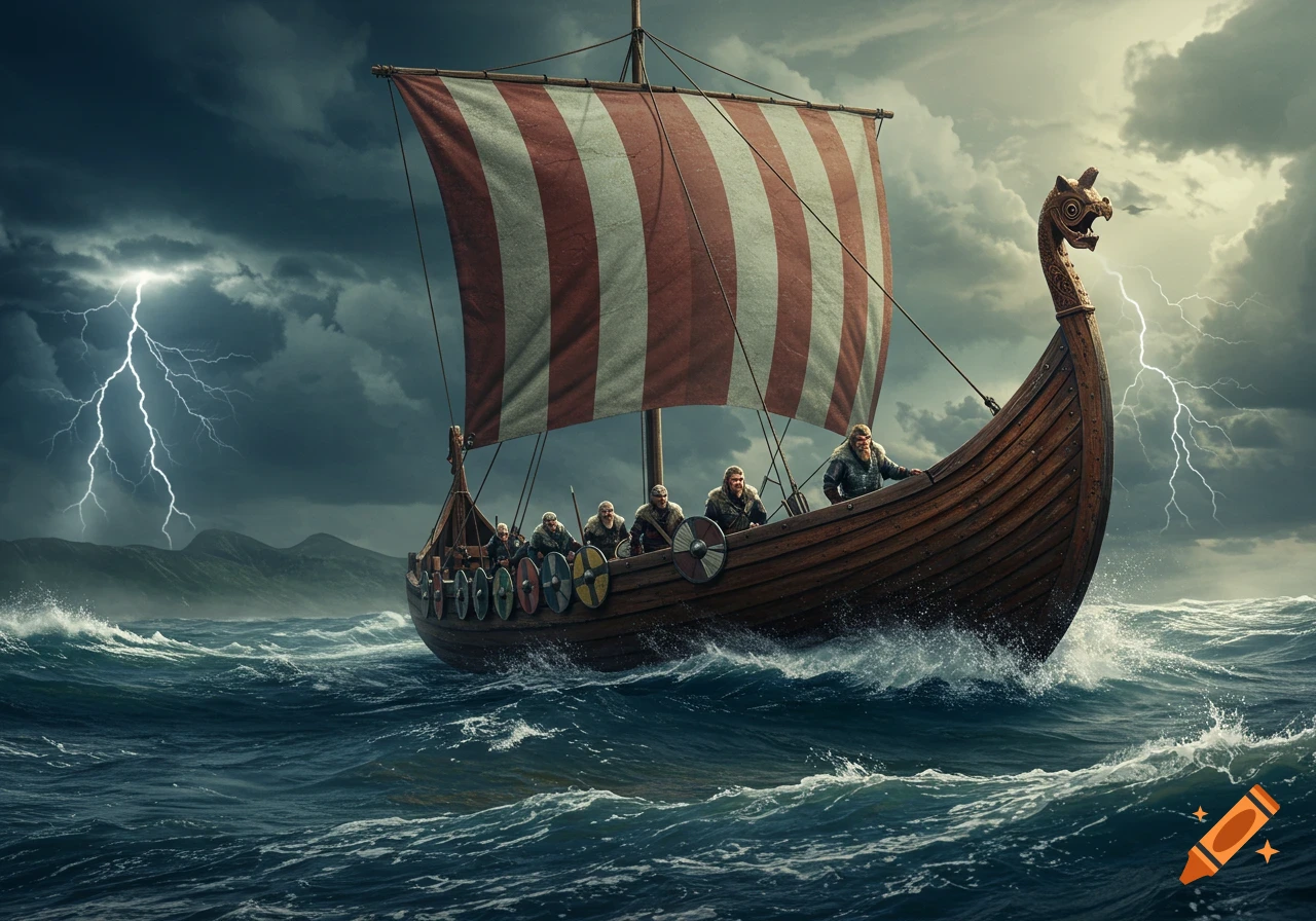 A Viking longship with a striped sail battles a stormy sea under a lightning-filled sky, carrying a crew of Vikings.