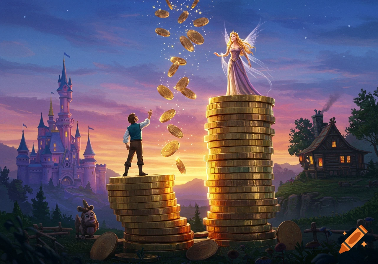 A man and a fairy on piles of gold coins, with coins falling from the sky, set against a sunset sky with a Disney-like castle and a cabin. Digital art.