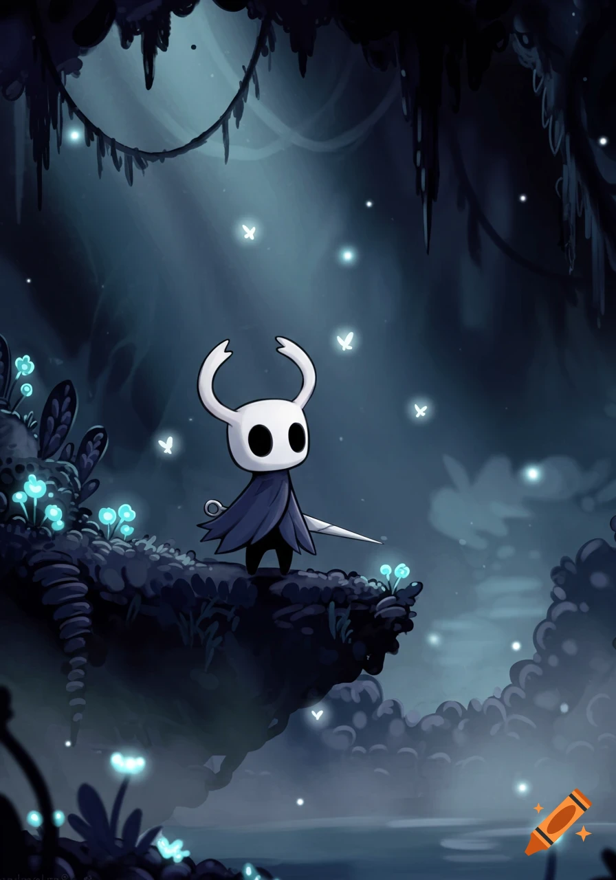 The Knight from Hollow Knight stands on a glowing mossy ledge in a dark, magical forest with glowing butterflies.