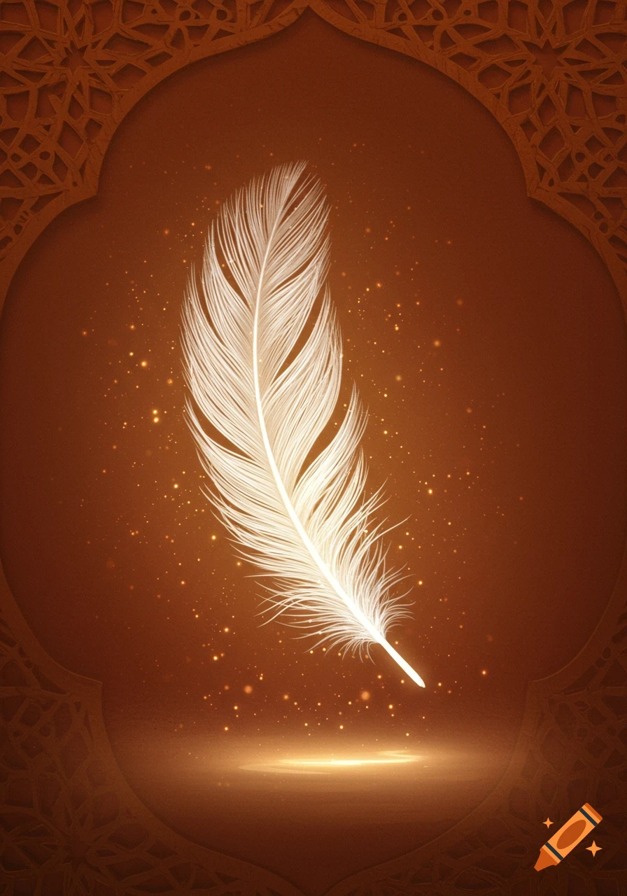 An elegant, glowing white feather against a warm brown Islamic-patterned background with sparkling light.